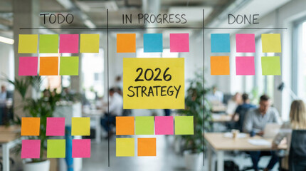 2026 Strategy on a yellow sticky note on a glass office Kanban board. Agile business planning concept with colorful notes and blurred team working in a modern workspace.