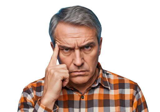 Pensive mature man thinking hard with finger on temple portrait image for graphic design and compositing isolated on transparent background