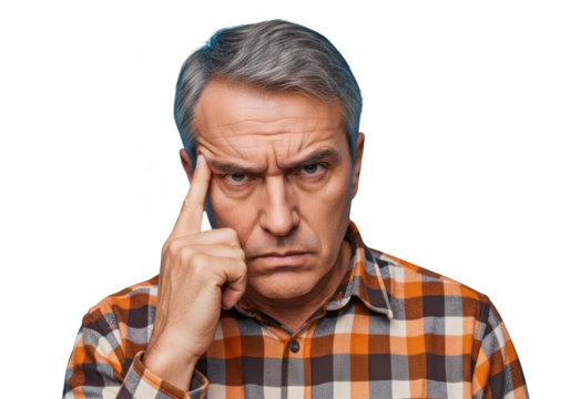 Pensive mature man thinking hard with finger on temple portrait image for graphic design and compositing isolated on transparent background