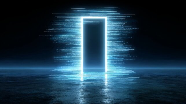 Futuristic Portal Frame with Blue Glitch Effect on Reflective Surface Creates a Sci-Fi Atmosphere