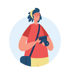 Young Person With Camera Wearing Red Shirt Yellow Shorts And Blue Bag Holding Digital Camera Ready To Take Photo Isolated On Transparent Background