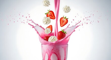 Fresh strawberry milkshake splashing with cream dollop falling into glass isolated on white background