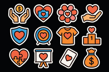 Bold heartthemed icons set for finance and lifestyle