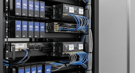 Network equipment showcases 4G LTE technology in server room with cables and components. 4G LTE infrastructure connects various devices in data center with efficient server rack placement.
