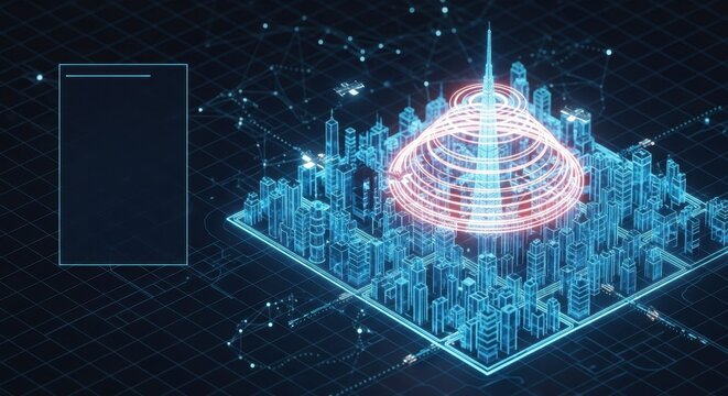 Futuristic city network connection over digital cityscape, highlighting data flow.