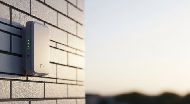 Wall mounted cell tower on textured brick wall under sunlight. Cell tower illuminates with small green lights indicating signal strength, showcasing technology and connectivity.