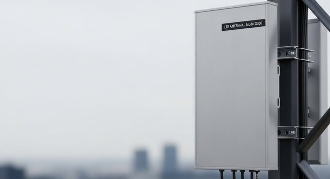 Mobile communication shows network equipment for 2G, 3G, 4G and LTE technology. Network equipment is used for mobile communication in city and provides connection.