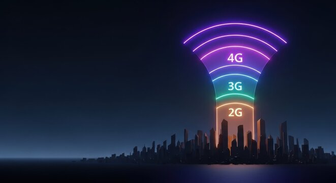 Mobile network illustration showing 2G 3G 4G LTE connection above dark cityscape. Mobile network concept highlights cellular communication technologies, presenting 2G, 3G, 4G, and LTE.