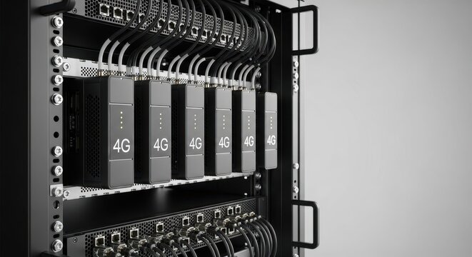 Focusing on 4G LTE, equipment is mounted inside control cabinet with cables connecting elements. Reliable 4G LTE network and telecommunications technology ensures seamless connectivity.
