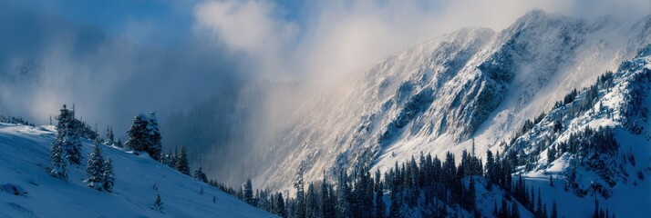 Snow covered mountain range with pine trees and dramatic clouds image