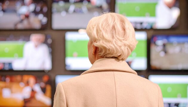 senior woman standing in front of a wall of televisions - Powered by Adobe