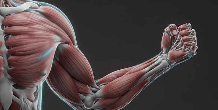 Detailed anatomical illustration of human arm muscles.