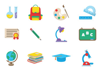 Bundle of cute cartoon isolated illustrations of stacks of books, rulers, bags, chalkboards and more for back to school themed graphic elements. Vector icons with a school learning theme.