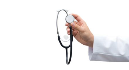 Hand holding stethoscope in medical setting isolated on transparent background