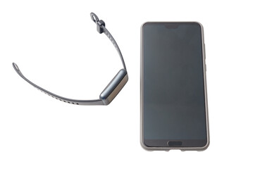 A smart watch and a cell phone are sitting on a white background