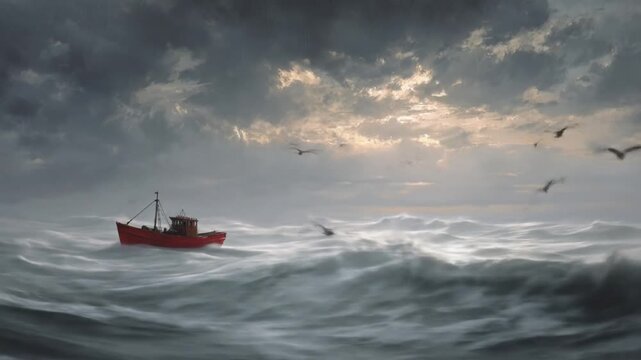 Dramatic ocean wave cresting under overcast sky with sunlight