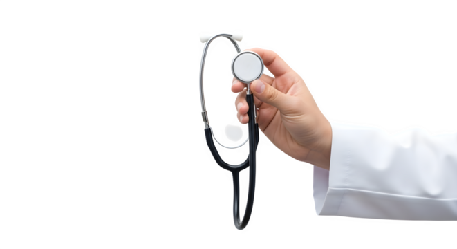 Hand holding stethoscope in medical setting isolated on transparent background - Powered by Adobe