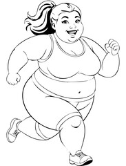Fototapeta premium 走っているふくよかな体系の女性 線画 