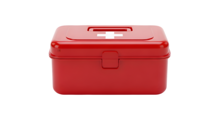 Red first aid kit box with white cross isolated on transparent background