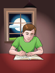 illustration of a boy writing on book on study room background