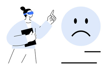 Digital feedback concept. Woman using virtual technology points to an emoticon feedback in a digital setting. Digital feedback connects emotions and technology. For UXUI, emotions, reviews