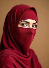 Naklejka premium Crimson elegance: a glimpse of veiled beauty in portrait photography