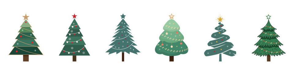 Decorated christmas tree vector set with stars and garlands for holiday celebration design.