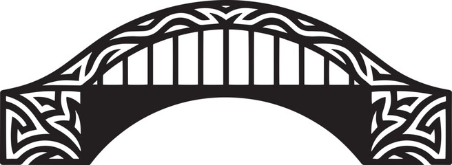 Ornate arched truss bridge silhouette with complex swirling and interwoven line patterns