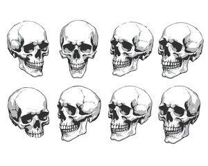 Hand Drawn Human Anatomical Skulls Vector Set in Various Angles