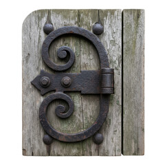 Ornate Wrought Iron Hinge on Weathered Wooden Door Close-up