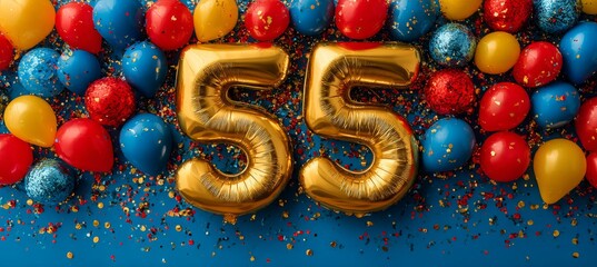 Fifty-Fifth Anniversary Celebration with Festive Balloons, Gold Foil Decor, and Greeting Cards