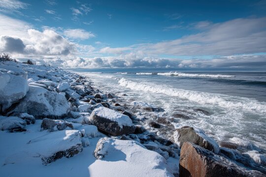 Snowy rocky coastline with crashing ocean waves under a cloudy blue sky rocks - Powered by Adobe