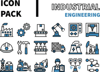 Industrial engineering icon pack with factory, gears, conveyor belt, robot arm, CNC machine, hard hat, wrench, hammer, truck, power plant, oil rig, and flowchart.