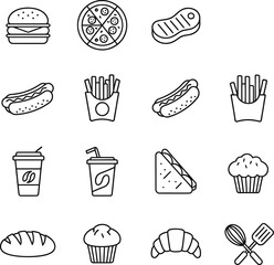 A collection of sixteen black and white line art icons depicting various fast food, bakery items, and drinks.