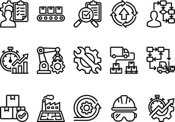 Collection of icons representing industrial processes, logistics, and quality control in manufacturing and business operations.