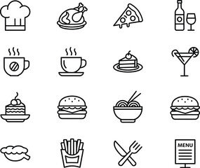 A collection of black and white line art icons representing various food and drink items, including meals, desserts, and beverages.