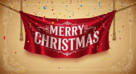 Merry christmas red banner with falling confetti and elegant gold background