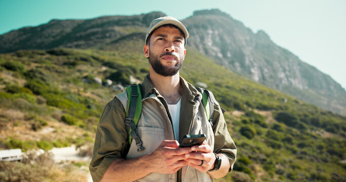 Outdoor, hiking and man with cellphone, thinking and journey with digital app for navigation. Healthy person, travel or hiker with smartphone, location and direction with adventure and contemplation