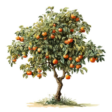 Watercolor painting of Persimmon Tree, vector illustration, isolated on white background.