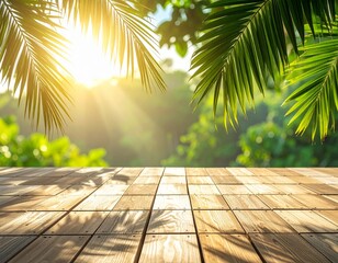 Tropical summer sunset on the wooden pier stretching over the ocean toward the horizon, framed by palm trees and sunlight on the sand