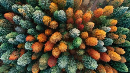 Fototapeta premium Aerial view of a dense autumn forest with vibrant orange, red and yellow leaves interspersed with green evergreens. Concept Aerial Autumn Forest, Vibrant Foliage Colors, Orange Red Yellow Leaves