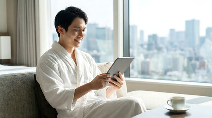 Young Asian man in bathrobe using a tablet by the window enjoying modern technology in a hotel room with a city view
