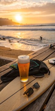Cold Craft Beer on Surfboard Bench at Sunset. Foamy craft beer resting on a wooden surfboard bench by the sea&mdash;golden sunset mood blending drink and surf lifestyle.