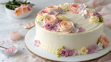 Soft vanilla love cake with elegant flower toppings, showcasing a dreamy and romantic dessert presentation.