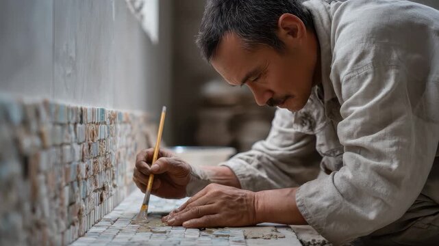 Master mosaic artisan meticulously laying intricate tiles in a well-lit workshop during daytime