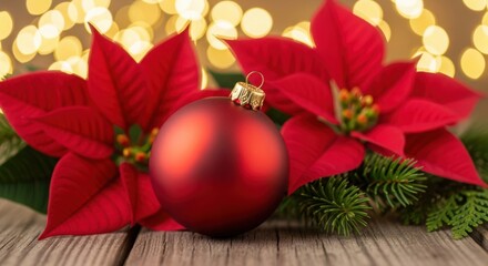 Red christmas ornament and poinsettia on rustic wood with bokeh lights