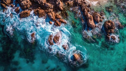 Aerial view of a rocky coastline with turquoise water and white foamy waves crashing around brown boulders. Concept Aerial Coastal Landscape, Turquoise Sea and White Foam, Rocky Shoreline from Above