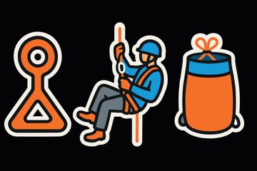 Climbing gear icons on black background featuring climber and equipment