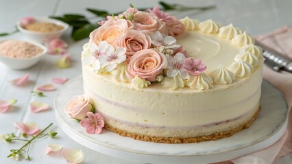 Soft vanilla love cake with elegant flower toppings, showcasing a dreamy and romantic dessert presentation.