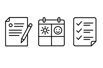 Minimalist outline icons of document, calendar, and checklist